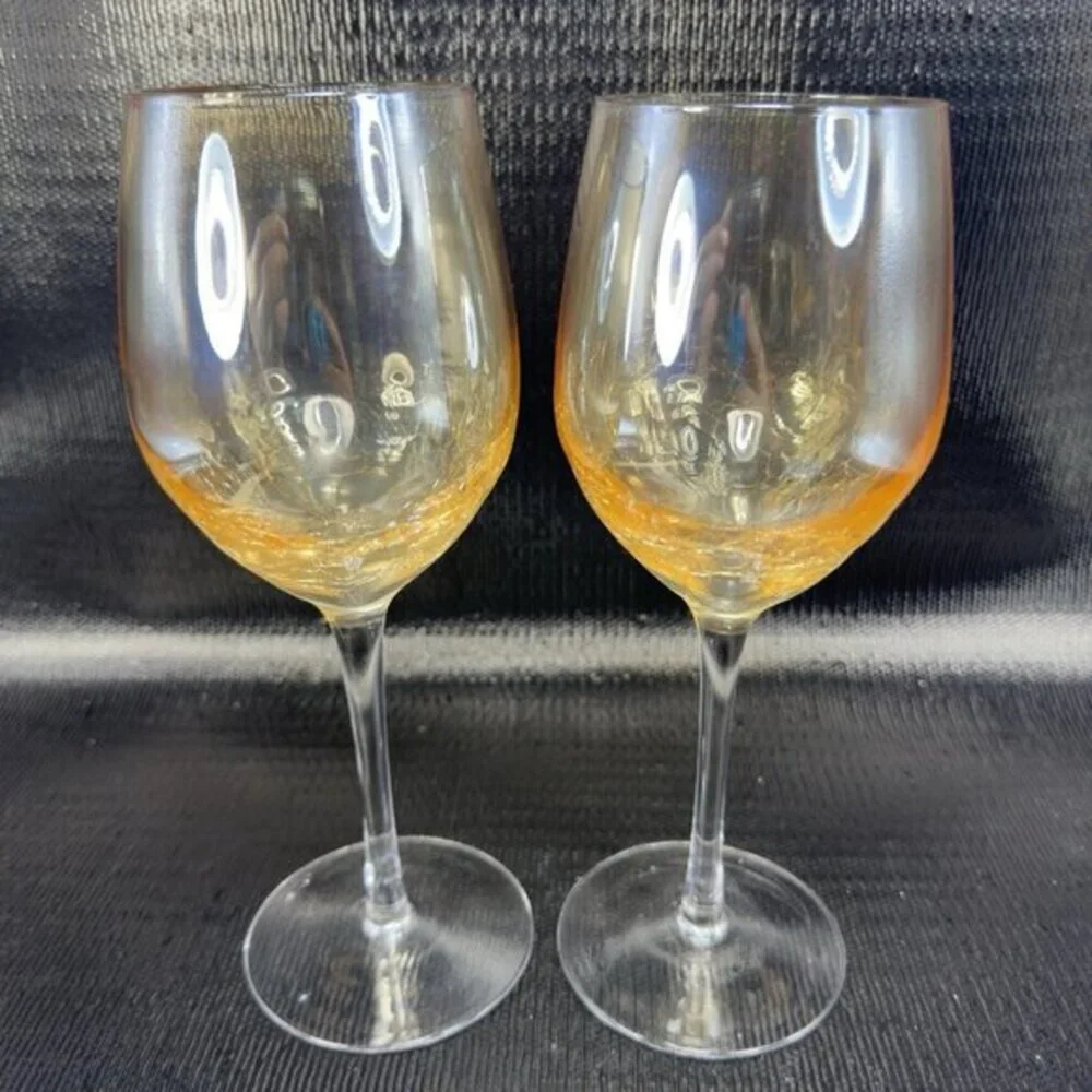 Pier 1 Crackle Glass Goblet Glasses Cups Stemware Gold Yellows Luster Finish VTG